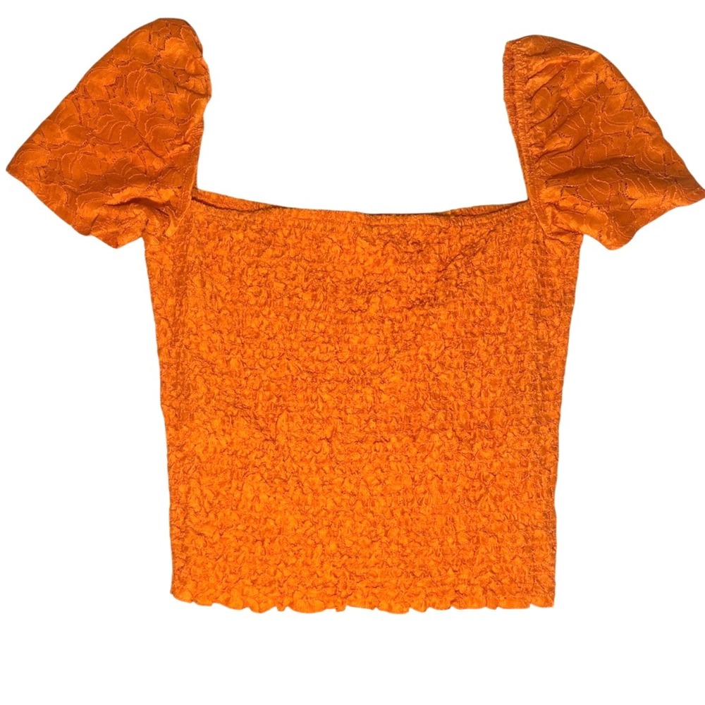 Express One Eleven‎ NWT Women's Orange Smocked Crop Top Crinkle Lace M